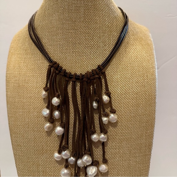 NWT Chico’s Boho Necklace “Brown Pearl Prairie Sunset” Leather w/ fringe tassel - Picture 7 of 13